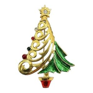 Vintage Christopher Radko Christmas Tree Brooch Enamel Red Green Gold Tone 2288